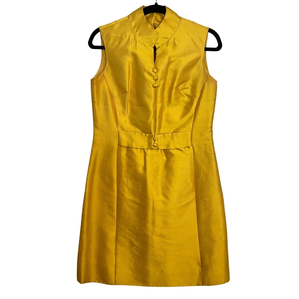 Vintage Bonwit Teller Gold Silk Shantung Mod Shift Dress Mandarin Collar 60s